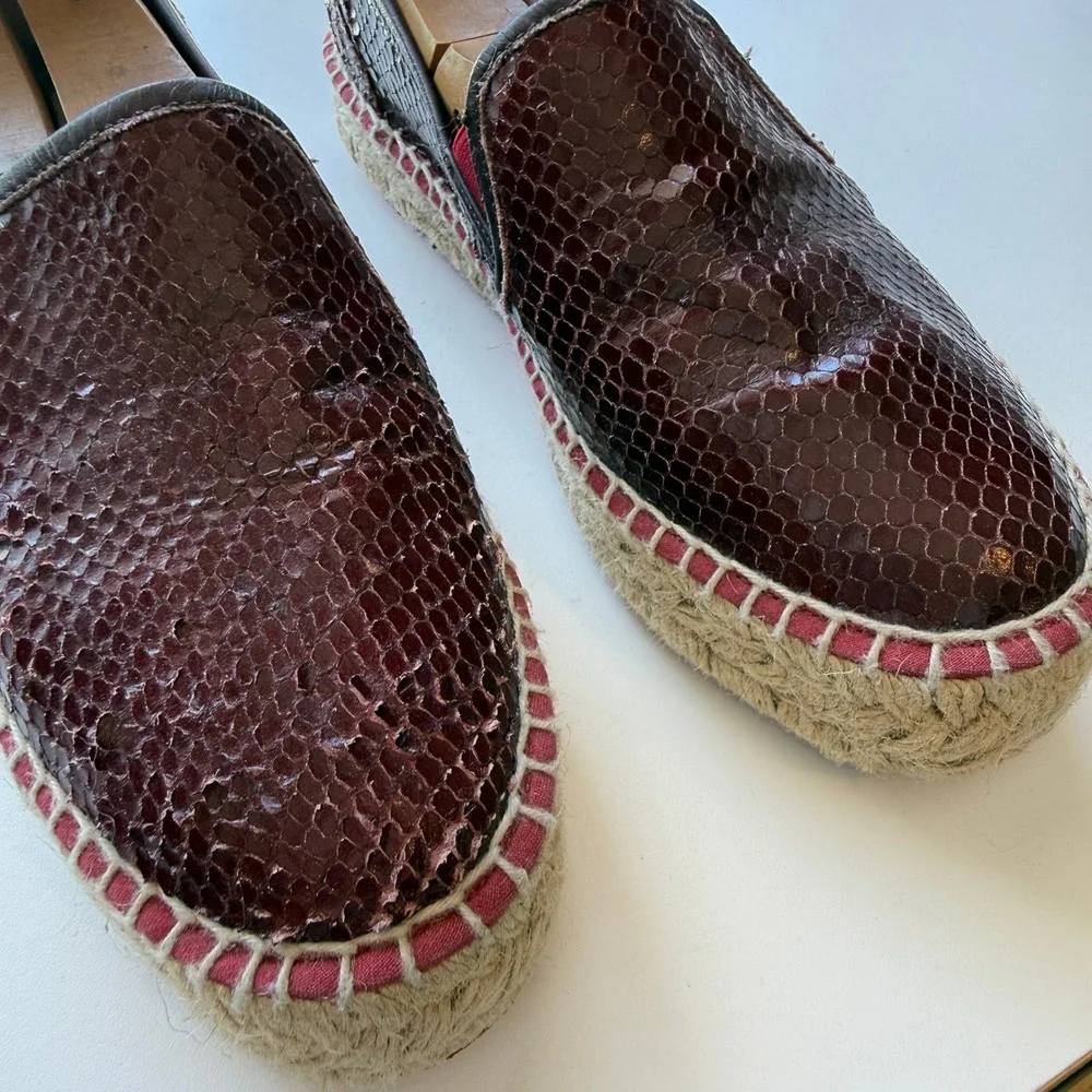 L'Espadrille Tropezienne Burgundy Snakeskin Embossed Leather Espadrille Slip On